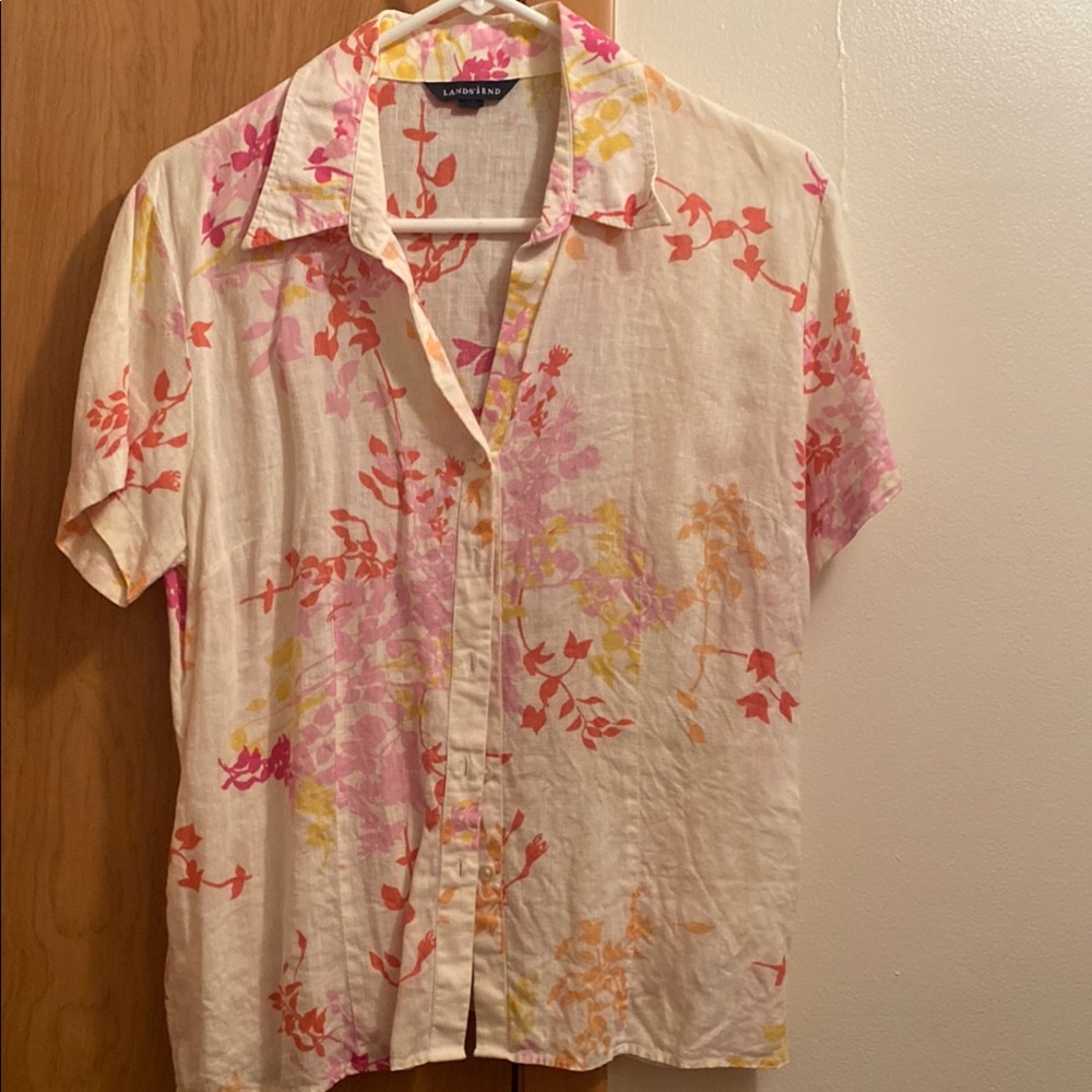 Lands' End Casual Button Down Shirt Cream and Pink Floral